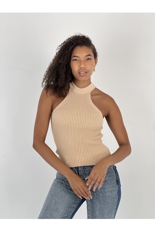 Miss Poem Kadın Boğazlı Yaka Kolsuz Fitilli Bej Crop Triko Bluz Bej