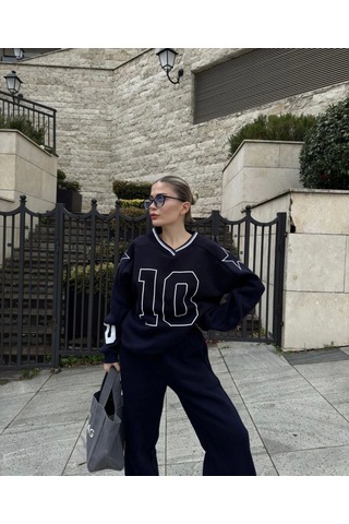 Simala V Yaka Üç İplik Sweat Takım - Siyah Siyah