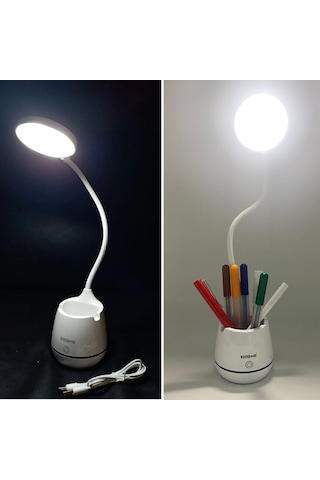 Roichil Kalemlikli Telefon Tutacaklı Şarjlı Dokunmatik 3 Mod Esnek Başlıklı Dimmerli Led Masa Lambası Beyaz