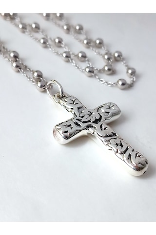 Top Zincirli Bombe İşlemeli Haç Tasarım Gümüş Erkek Kolye