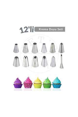 12'li Krema Duyu Seti Pasta Dolgu Kreması Paslanmaz Şanti Duyu Çelik Metalik Gri