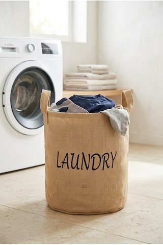 Çamaşır Sepeti Kumaş Kulplu Jüt Kumaş Katlanabilir Laundry Yazılı Bej Renk Açık Kahverengi