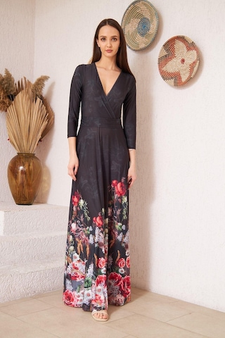 Darlin Moda Siyah Kruvaze Kırmızı Çiçek Desenli Abiye Elbise Dm1016