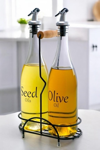 Digithome Pure 2'li Siyah Metal Standlı Ahşap Saplı Yağdanlık Seti Şeffaf Etiketli Cam Yağlık 750 Ml Cys-15 Siyah