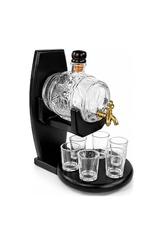 Premium Sunum Aracı Bar Malzemesi Mutfak Ürünü Ahşap Standlı Cam Fıçı Ve 6 Shot Bardaklı Çok Renkli
