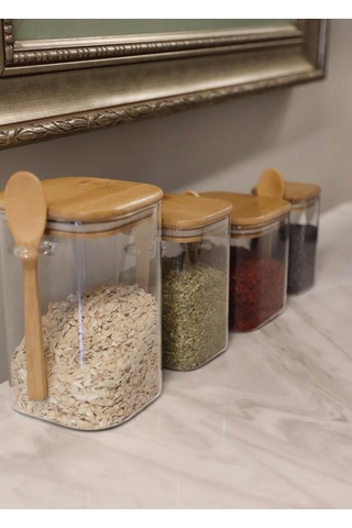 The Mia Bambu Kaşıklı Cam Saklama Kabı Kare 250 CC