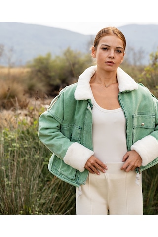 Verdeblanco Kürklü Peluş Yaka Kot Mont Yeşil Yeşil