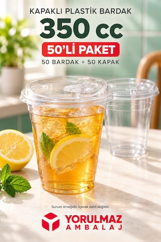 350 Cc Kilitli Kapaklı Pet Bardak 50'li Soğuk İçecek Bardağı 40