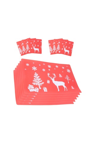 Bairuntong Noel Amerikan Servisi Yıkanabilir Mat Seti 6'lı Amerikan Servisi Ve 6 Bardak Matı Kırmızı