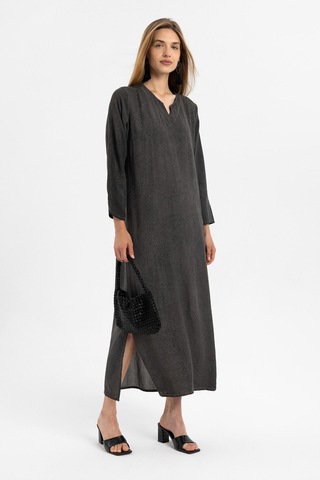 Siyah İşlemeli Uzun Kollu Astarsız Pamuklu Uzun Elbise-siyah Siyah