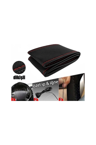 Dikmeli Deri Direksiyon Kılıfı Noktalı Kokusuz Kırmızı Dikişli
