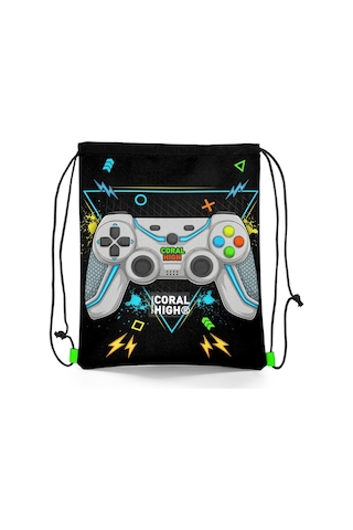 Coral High Kids Siyah Fosforlu Yeşil Gamer Desenli İpli Büzgülü Sırt Çantası 12655