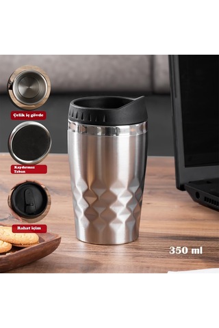 05554 Paslanmaz Çelik Kupa Sızdırmaz Çelik Termos Araç Termosu El Termosu Yalıtımlı Bardak 350ml -gümüş