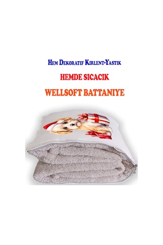 Noel Şapkalı Yavru Köpek Baskılı Dekoratif Yastık Kırlent Opsiyonel Battaniye 2 İn 1 Çok Renkli