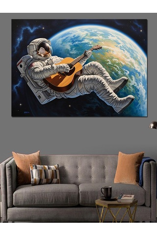 Uzayda Gitar Çalan Astronot Ve Dünya Dekoratif Kanvas - Mdf Ahşap Tablo