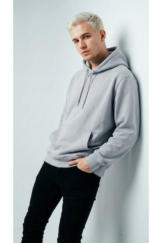 Hoxie Unisex Rahat Kesim Pamuklu Yumuşak Dokulu İçi Polarlı Basic Desenli Kapüşonlu Sweatshirt Açık Gri