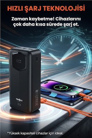 30.000 Mah Hızlı Şarj Powerbank 22.5 W Kendinden Kablolu Göstergeli Taşınabilir Batarya Siyah