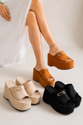 Dabab Shoes Lunara Kadın 3'lü Paket Tokalı 10 Cm Platform Topuklu Kalın Taban Terlik Sandalet Taba - Bej - Siyah Siyah Kombin