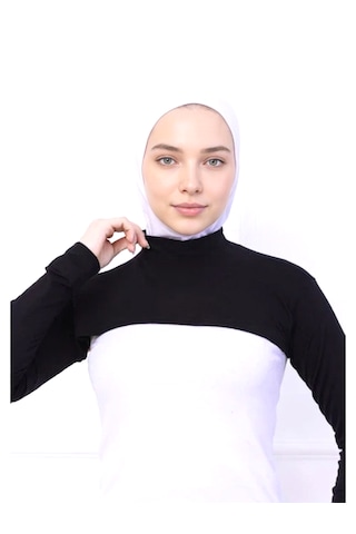 Alivascarf Balıkçı Yaka Boyunluklu Kolluk Siyah - Likralı Dik Yakalı Kadın Body Tesettür Crop Bolero