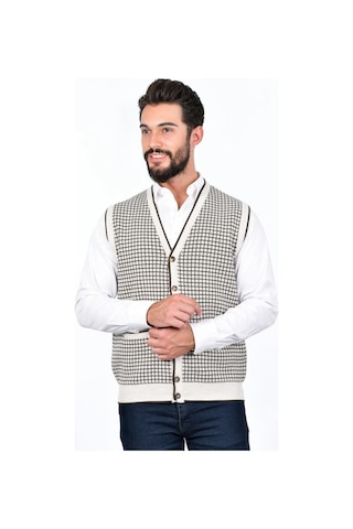 Kamalı Erkek Çelik Örgü Düğmeli Cepli Kazayağı Desen Tüylenmeyen Triko Kışlık Kazak Yelek Taş