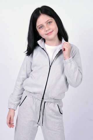 Panios Kids Kız Çocuk Dik Yaka Fermuarlı Beli Bağcıklı Lastik Paça Eşofman Takımı Gri