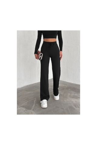 Dechival Kadın Bol Paça Fitilli Pantolon Yazlık Wide Leg Eşofman Altı Siyah