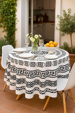 Yuvarlak Geometrik Siyah Desenli Duck Kumaş Masa Örtüsü 150x150 Cm Siyah - Beyaz