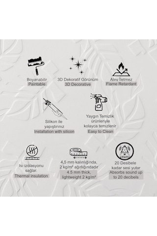 3d Duvar Paneli Boyanabilir Dekota 60x120 Cm / Yaprak Desenli 2'li Paket-1,44 M²