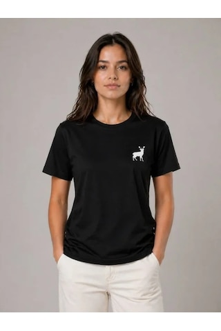 Valensdesign Minimal Geyik Logolu Tişört Bisiklet Yaka Kısa Kol Yazlık T-shirt - Siyah