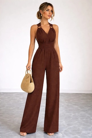 Meridefashion Kadın Askılı Halka Detaylı Arkadan Çapraz Kahverengi Tulum S/m