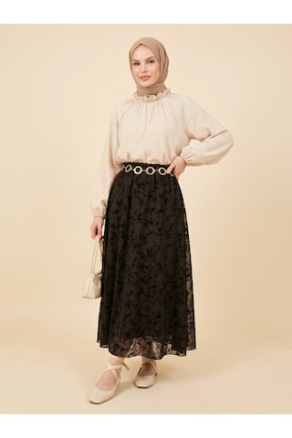 Nevayla Moda Flok Tül Çiçek Desenli Etek - Siyah / A0107