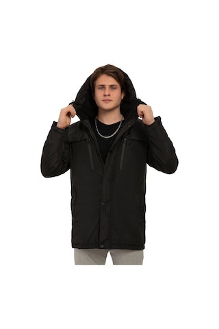 Erkek Polarlı Kürklü Su Ve Rüzgar Geçirmez Kapüşonlu Kışlık Mont & Kaban & Parka Siyah