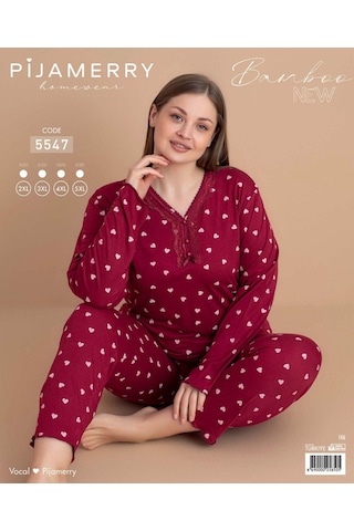 Pijamerry Kadın Büyük Beden Dantel Yaka Bambu Uzun Kol İnce Pijama Takımı 5547 - 1 Adet Kırmızı