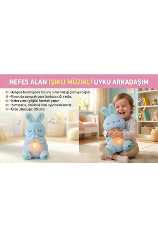 Nefes Alan Işıklı Müzikli Uyku Arkadaşı Tavşan 30 Cm Ninni Söyleyen Göğsü Hareketli Uyku Oyuncağı Mavi