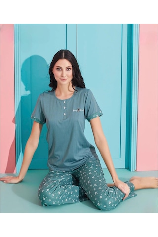 Pijamoni Kadın Viskoz Likralı Düğme Yaka Kaşkorse Patlı Kısa Kol Pijama Takımı 5520-4 / 1 Adet Yeşil