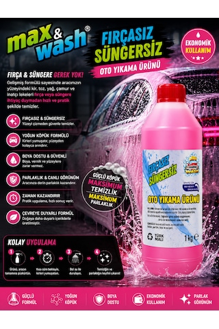 Max&wash 1 Kg Fırçasız Süngersiz Oto Yıkama Şampuanı 1/60 Konsantre Yoğun Köpük Boya Dostu Profesyonel Araç Yıkama Ürünü