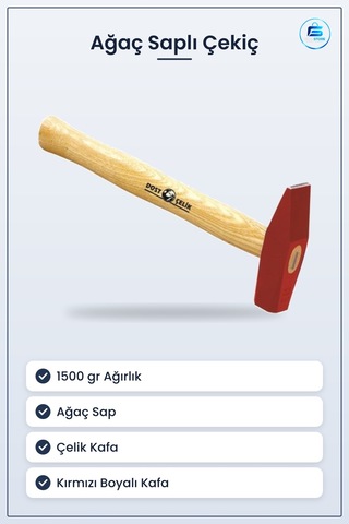 Ağaç Saplı Çekiç 1500 Gr Kırmızı Boyalı Çelik Kafa Hırdavat Tamir