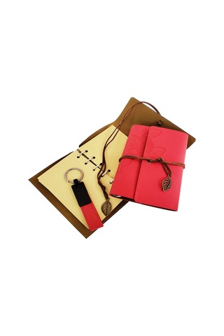 Larimar Özel Ahşap Kutulu Kırmızı Deri Defter Ve Anahtarlık Seti - 9091065991250lmr