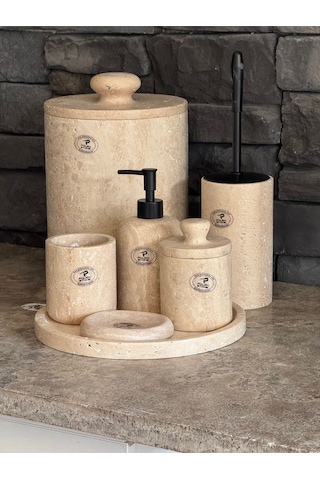 Yeni Traverten Doğaltaş Kendinden Kulplu 7'li Banyo Seti Büyük Çöp Kovalı 26x20 Beyaz