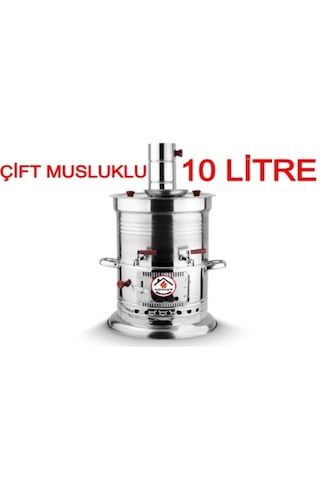 10 Litre Paslanmaz Metal Odunlu Kömürlü Çay Semaveri Büyük Çift Musluklu Odunlu Kömürlü Semaver 10 L