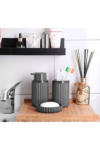 Lines Serisi Gri Banyo Seti, 3 Parça Oval Akrilik Sabunluk Fırçalık ve Sıvı Sabunluk Takımı - 3319