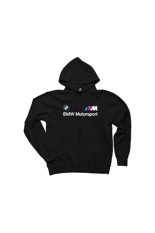 BMW Logo M Power Motorsport Siyah Fermuarlı Kapşonlu Sweatshirt Siyah