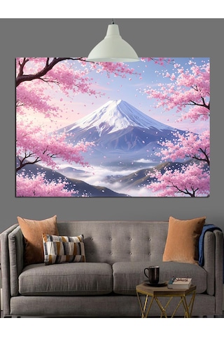 Japon Kiraz Çiçekleri Fuji Dağı Dekoratif Kanvas - Mdf Ahşap Tablo