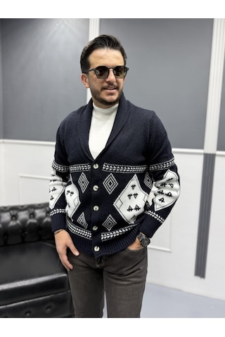Avni Ceylan Retro Desenli Şal Yaka Erkek Triko Hırka Siyah