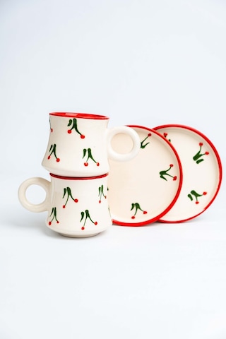 2 Li Takım Kirazlı Desenli El Yapımı Kazan Seramik Kahve Fincanı, Kahve Fincanı Beyaz