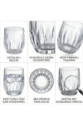 6'lı Kristal Kesme Görünümlü Cam Bardak Seti - Meşrubat, Su, Kahve Ve Viski Bardağı Takımı 320 Ml Çok Renkli
