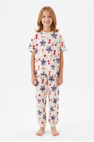 Alkın Kids 3-13 Yaş Kız Çocuk Kiraz Ve Çiçek Desenli %100 Pamuklu Kısa Kollu Pijama Takımı Bej