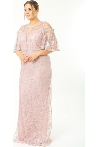 Ladies First Büyük Beden 3448 Pudra Abiye Elbise 001
