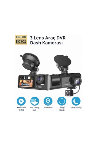 Üç Kameralı Wi-fi Araç İçi Güvenlik Kamerası G-sensor 1080p Hd Gece Görüşlü - 771632804