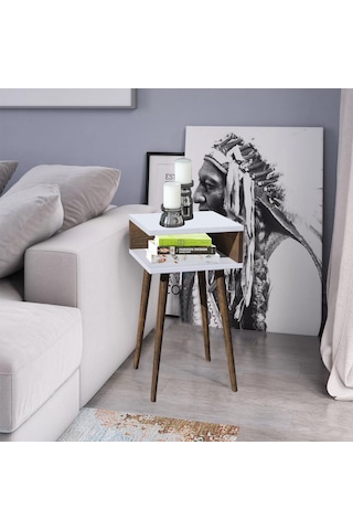 Eymen Ahşap Ayaklı Yan Sehpa Köşe Sehpa Beyaz-barok